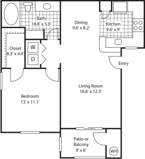 A floor plan of a home with a living room, dining room, kitchen, bathroom, bedroom, closet, and patio or balcony.